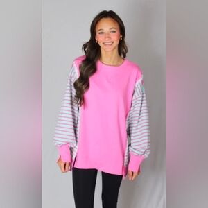 Medium Pink and Teal Oversized Striped Casual Knit Top-NWT